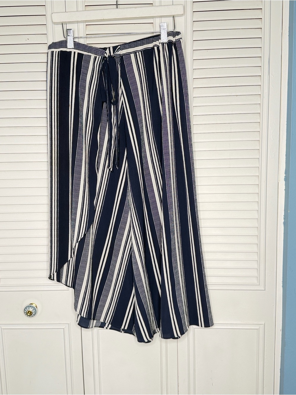 Green Envelope Wrap Skirt Women L Blue White Good Striped Tie-Waist Flowy